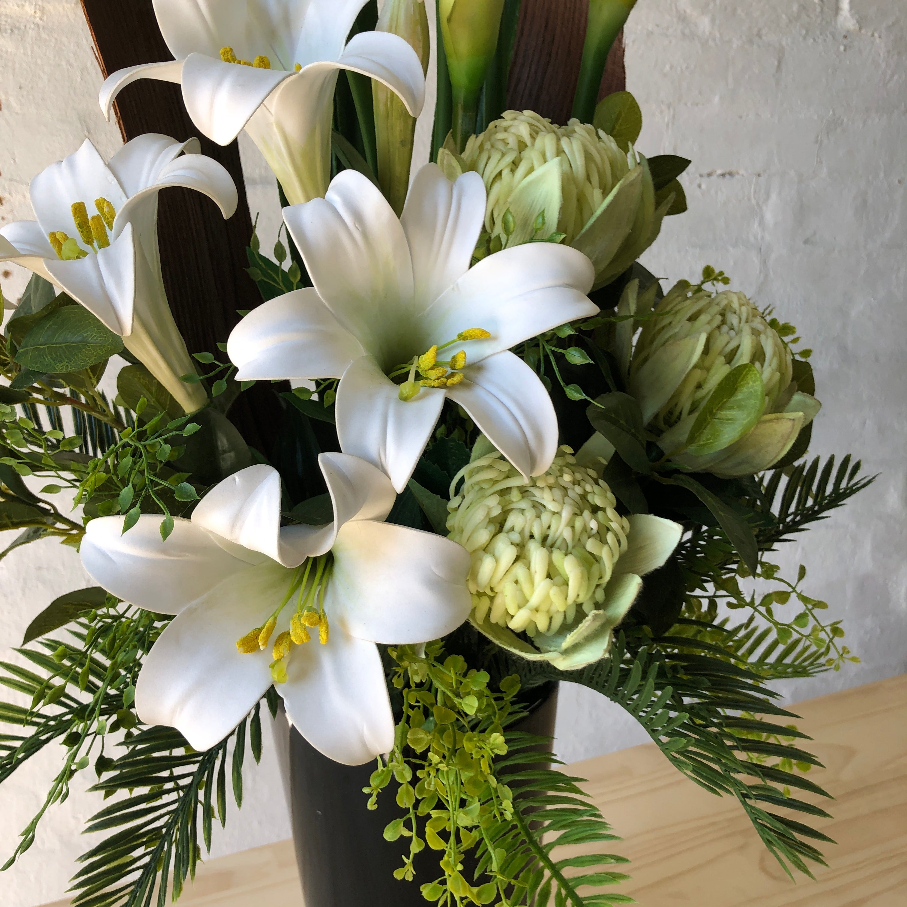 Artificial - White Lillies, White Orchids, Green Leucodendron