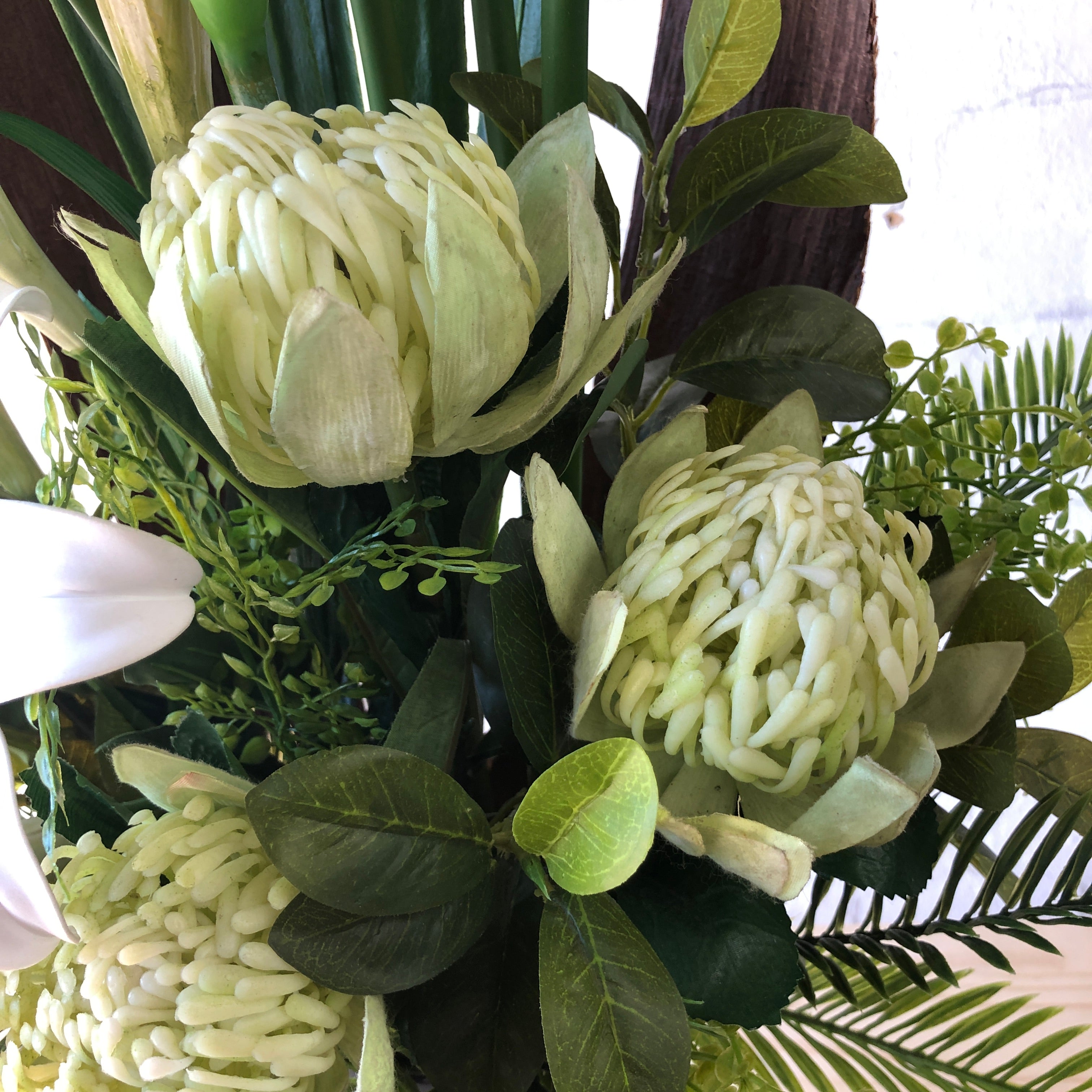 Artificial - White Lillies, White Orchids, Green Leucodendron